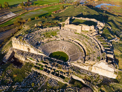 Aerial drone view of Miletus ancient theater ruins, AydÄ±n Province, Turkey