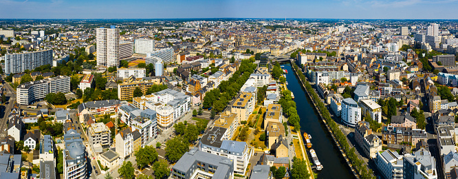 Panoramic view of  Rennes city with modern apartment buildings , administrative center of Brittany region, France