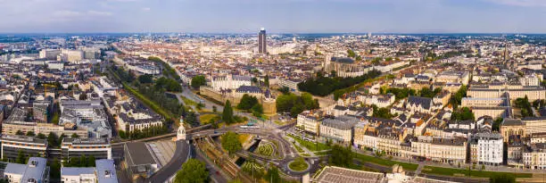General panoramic view of modern Nantes cityscape on summer day, France