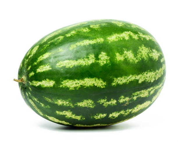 istock Whole ripe round striped watermelon isolated on white background 1413473323