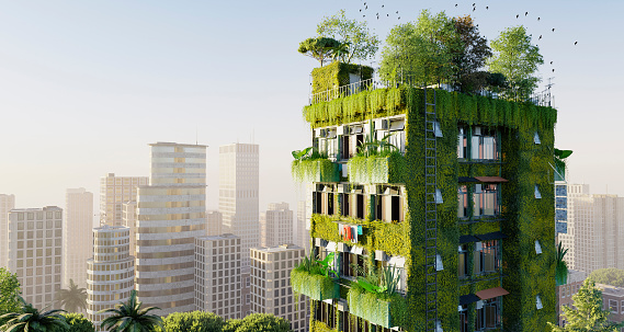 Ilustración en 3D de un moderno edificio ecológico en la ciudad con vegetación vertical en el exterior photo