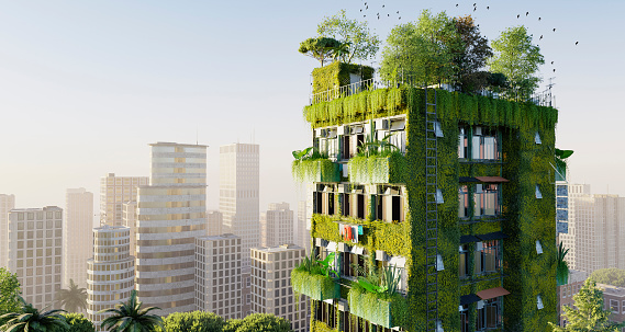 3D render of a residential skyscraper with vertical plant growth. Conceptual green Eco-building in a modern city.