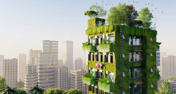 3D illustration of modern eco building in city with vertical vegetation on exterior 3D render of a residential skyscraper with vertical plant growth. Conceptual green Eco-building in a modern city. green skyscraper stock pictures, royalty-free photos & images