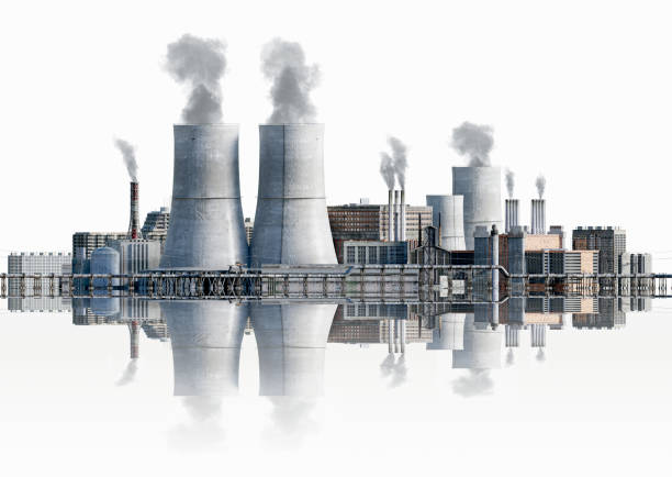 renderizado 3d de contaminación industrial conceptual aislada sobre fondo blanco - central eléctrica fotografías e imágenes de stock