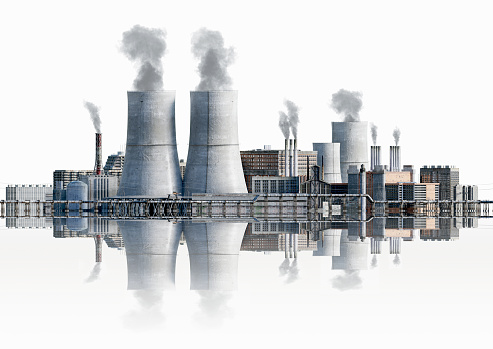 3D illustration of a chemical factory with smokey towers.
Conceptual global warming with buildings isolated on white background.