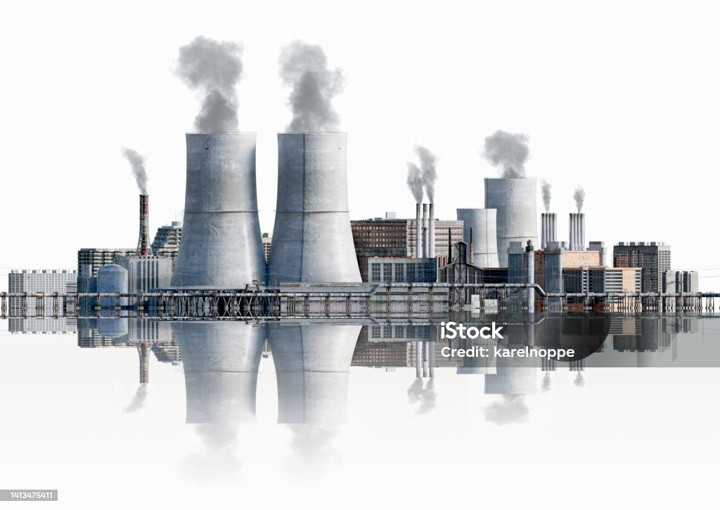 3D render of conceptual industrial pollution isolated on white background 3D illustration of a chemical factory with smokey towers.
Conceptual global warming with buildings isolated on white background. Power Station Stock Photo