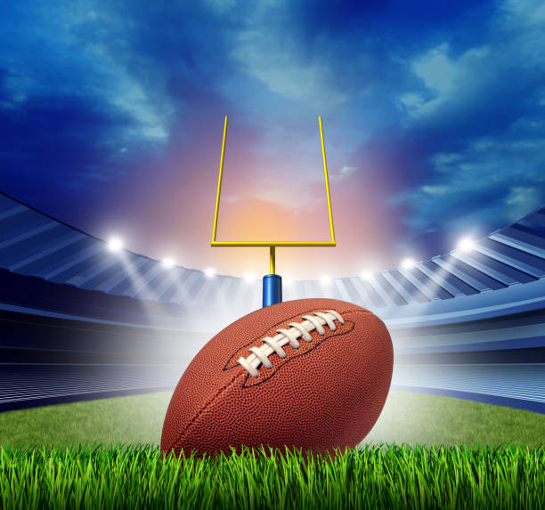 Football Stadium Football stadium ball and sports field as an American sport arena or field goal and touchdown concept as a team sport competition with 3D illustration elements. american football stock pictures, royalty-free photos & images