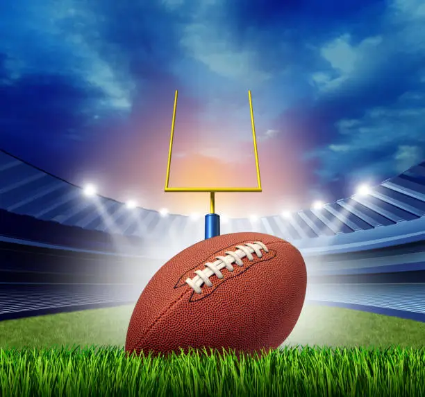 Football stadium ball and sports field as an American sport arena or field goal and touchdown concept as a team sport competition with 3D illustration elements.