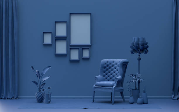 istock Wall mockup with six frames in solid flat pastel dark blue color, monochrome interior 1413475555