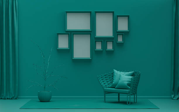 istock flat dark green color room and plants, gallery wall template with eight frames 1413475688