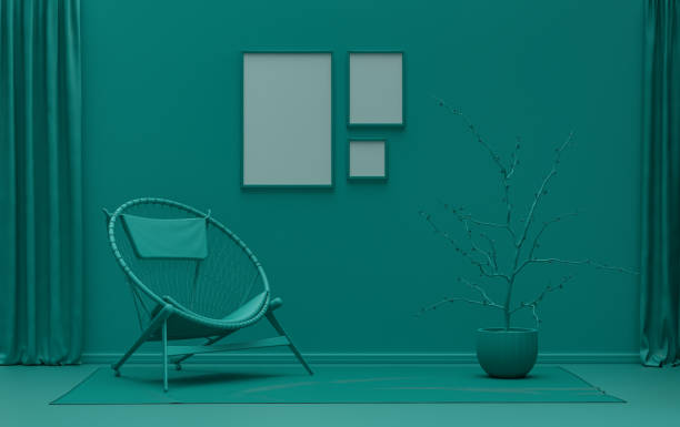 istock Gallery wall with three frames, in single dark green color room and plants 1413476245