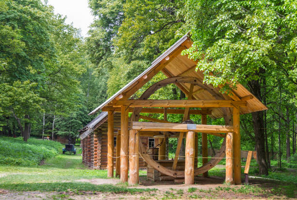 The well in the Museum of Wooden Architecture Shchelokovsky Farm. Nizhny Novgorod, Russia. stock photo
