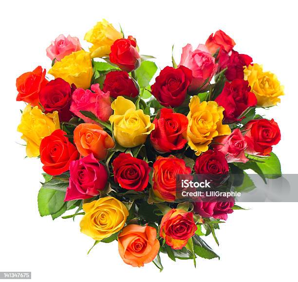Bouquet Of Colorful Assorted Roses In Heart Shape Stock Photo - Download Image Now - Anniversary, Arrangement, Beauty In Nature