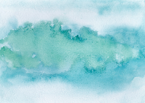 Watercolor grunge blue green background. Illustration for decor, design, printing on paper, postcard, invitations, banners. Abstract wide background with texture. Copy space for text. 
Cloud shape.