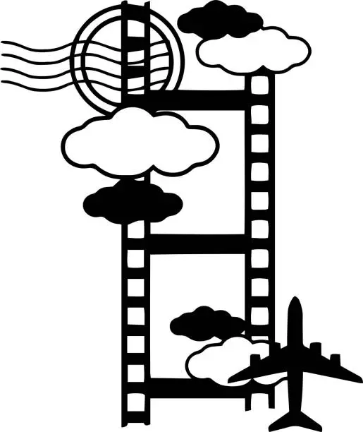 Vector illustration of Plane film strip Vector Clip Art, Black and White