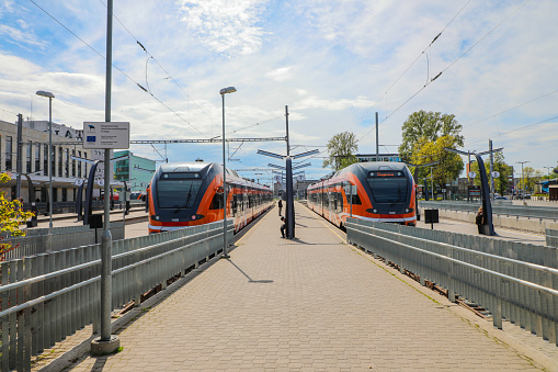 High speed trains waiting departure at the Baltic Station in central Tallinn Estonia