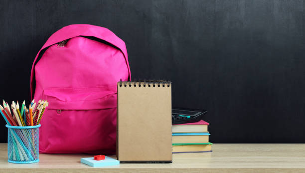 istock Pink backpack and school supplies. 1413480178