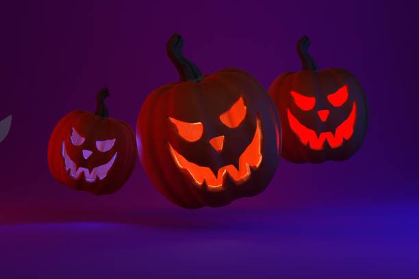 istock Sinister glowing halloween pumpkins levitate on a purple background. 3D render. 1413480434