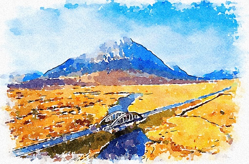 Buachaille Etive Mor aerial during autumn view of A82 road and bridge UK