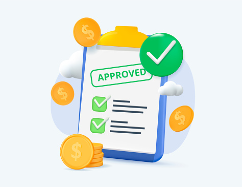 Approved credit bill. good credit score receiving loan approval from bank. Personal finance vector illustration. 3D document, banking, manage finances render. excellent rating credit, mortgage loans