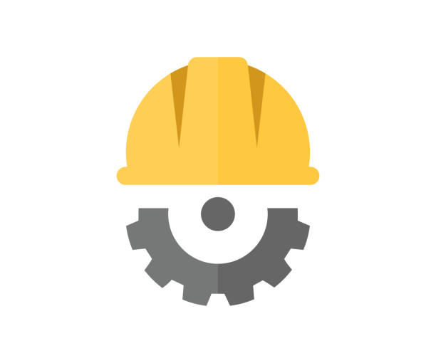 ilustrações, clipart, desenhos animados e ícones de capacete e equipamento. segurança e proteção, engenheiro. workwear, construção de capacete e design e ilustração vetorial de roda de engrenagem. - hardhat helmet hat construction