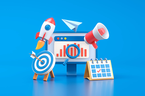 Illustration of computer, rocket, target, paper airplane, megaphone, calendar, web page, magnifying glass. 3d illustration