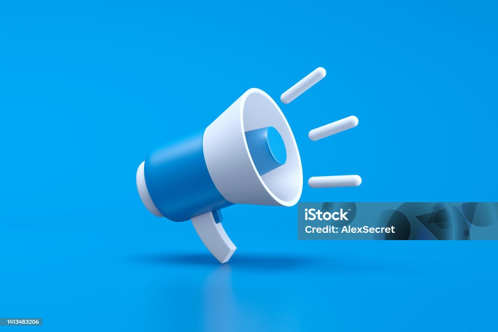 Single blue and white electric megaphone with a handle stands on a blue background 3D illustration Three Dimensional Stock Photo