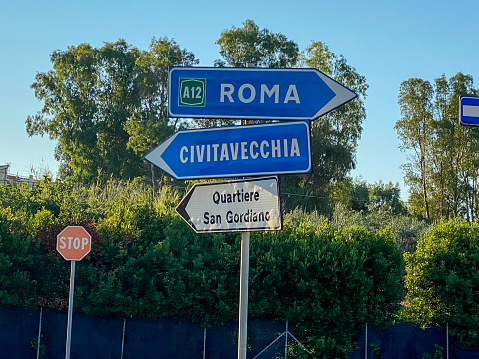 Signage at a crossroads in Civitavecchia Italy