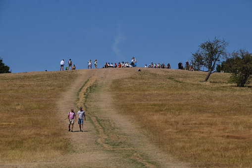 London, UK - August 7 2022: People walk along a parched Primrose Hill as heatwaves and drought continue in the UK