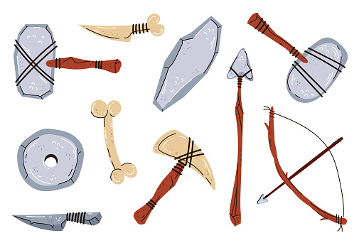 Ancient primitive caveman old age archeology weapon tools isolated set. Vector doodle line style element