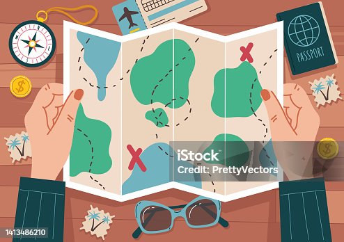 istock Travel trip map lay on wooden desk. Tourism vacation infographic top view banner concept. Vector graphic design element illustration 1413486210