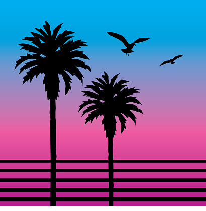 Vector illustration of palm tree silhouettes against a vibrant pink and blue  sunset.