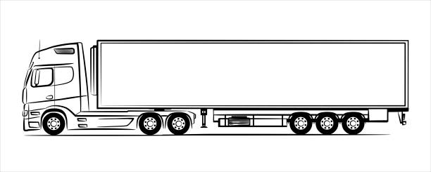 illustrations, cliparts, dessins animés et icônes de semi-remorque camion silhouette abstraite sur fond blanc.  un dessin au trait dessiné à la main d’une voiture de camion remorque. vue d’illustration vectorielle de côté. - vehicle trailer trucking white outline