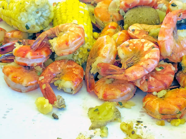Cooked Shrimp with Corn on the Cob