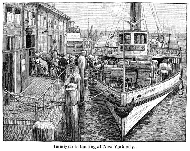 ilustrações, clipart, desenhos animados e ícones de imigrantes desembarcando em nova york gravando preto e branco 1898 - ilha ellis