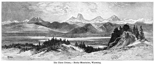 тройник три тетона, скалистые горы, вайоминг - гравюра черно-белая 1898 - teton range illustrations stock illustrations