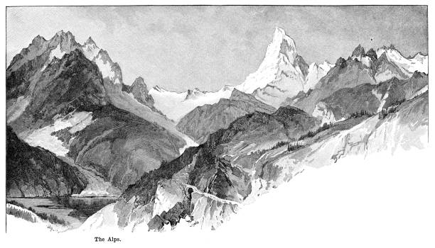 The Alps engraving black and white 1898 Engraving black and white - Advance Geography Redway and Hinman - Ohio Ed 1898 mont blanc massif stock illustrations