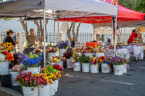 Hollister, CA - July 13, 2022: Flower vendor at the Farmer's Market held Wednesday evenings in downtown Hollister.
