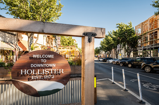Hollister, CA - July 13, 2022: A welcome sign in downtown Hollister.