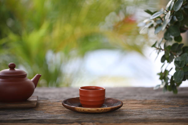 istock Earthenware tea pot and tea cup and plant pot on wooden table 1413496270