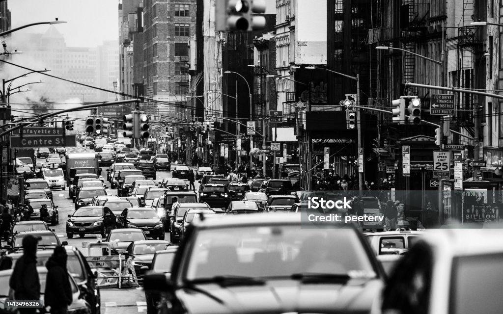 Streets of Manhattan, New York City New York, USA - Traffic on busy streets of Manhattan Traffic Jam Stock Photo
