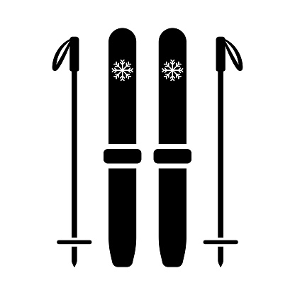 Skis and ski poles icon. Black silhouette. Vertical front side view. Vector simple flat graphic illustration. Isolated object on a white background. Isolate.