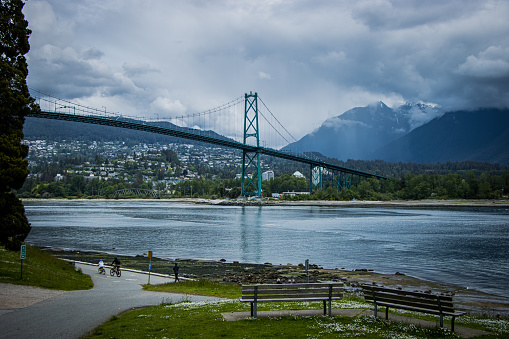 Lions Gate Bridge viewed from the Stanley Park in Vancouver on a beautiful summer day