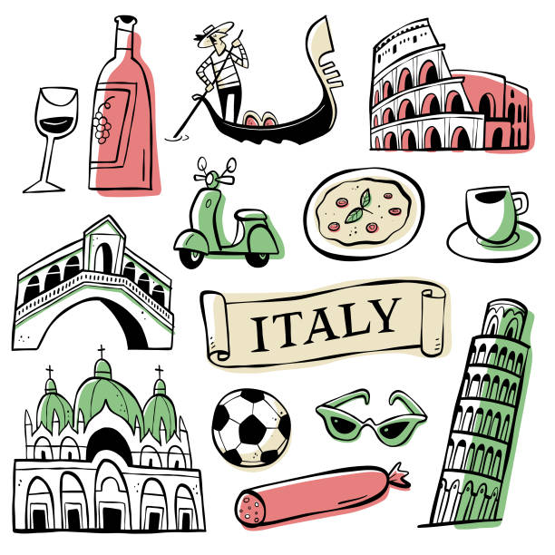 Cartoon style doodles of typical Italian objects