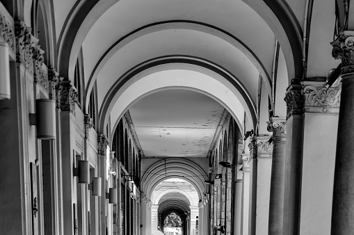 The quiet streets and colonnades early morning in Bologna
