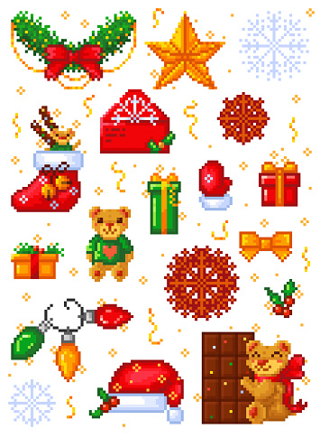 Set of pixel christmas elements. Vector illustration.