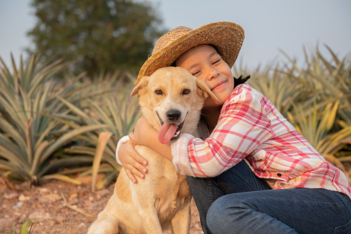 little asian child girl and dog. Happy cute 9-10 years girl in jeans overall and hat playing with dog  in pineapple farm, summertime in countryside, childhood and dreams, outdoor lifestyle.