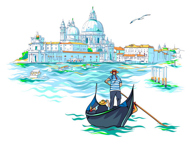 Vector Gondolas on Canal Grande in Venice, Italy Gondolier in gondola on Grand Canal in hat with red ribbon and typical striped singlet, Saint Mary of Health in the background, Venice, Italy. venice italy stock illustrations