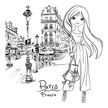 Vector cute girl on paris street in Paris, France. Black and white illustration for coloring book.