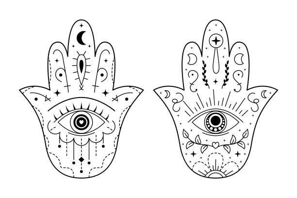 ilustrações, clipart, desenhos animados e ícones de conjunto de símbolo hamsa com mau olhado. sinal de proteção. padrão decorativo místico no estilo oriental - hamsa